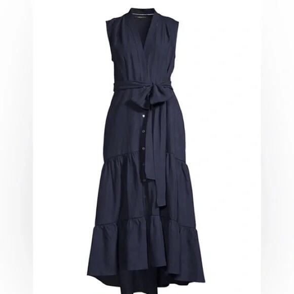 KOBI HALPERIN Sz L MSRP $398 Anna Tiered Linen Blend Midi Dress Navy Tie Back - Picture 1 of 15